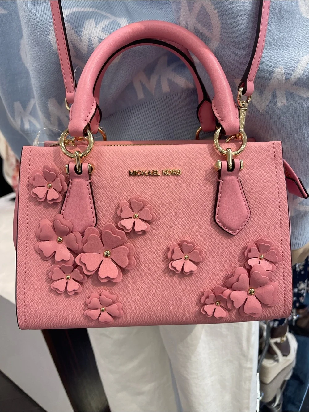MICHAEL KORS Marilyn Sm Floral Embellished Satchel Messenger Cros Carnation  NWT